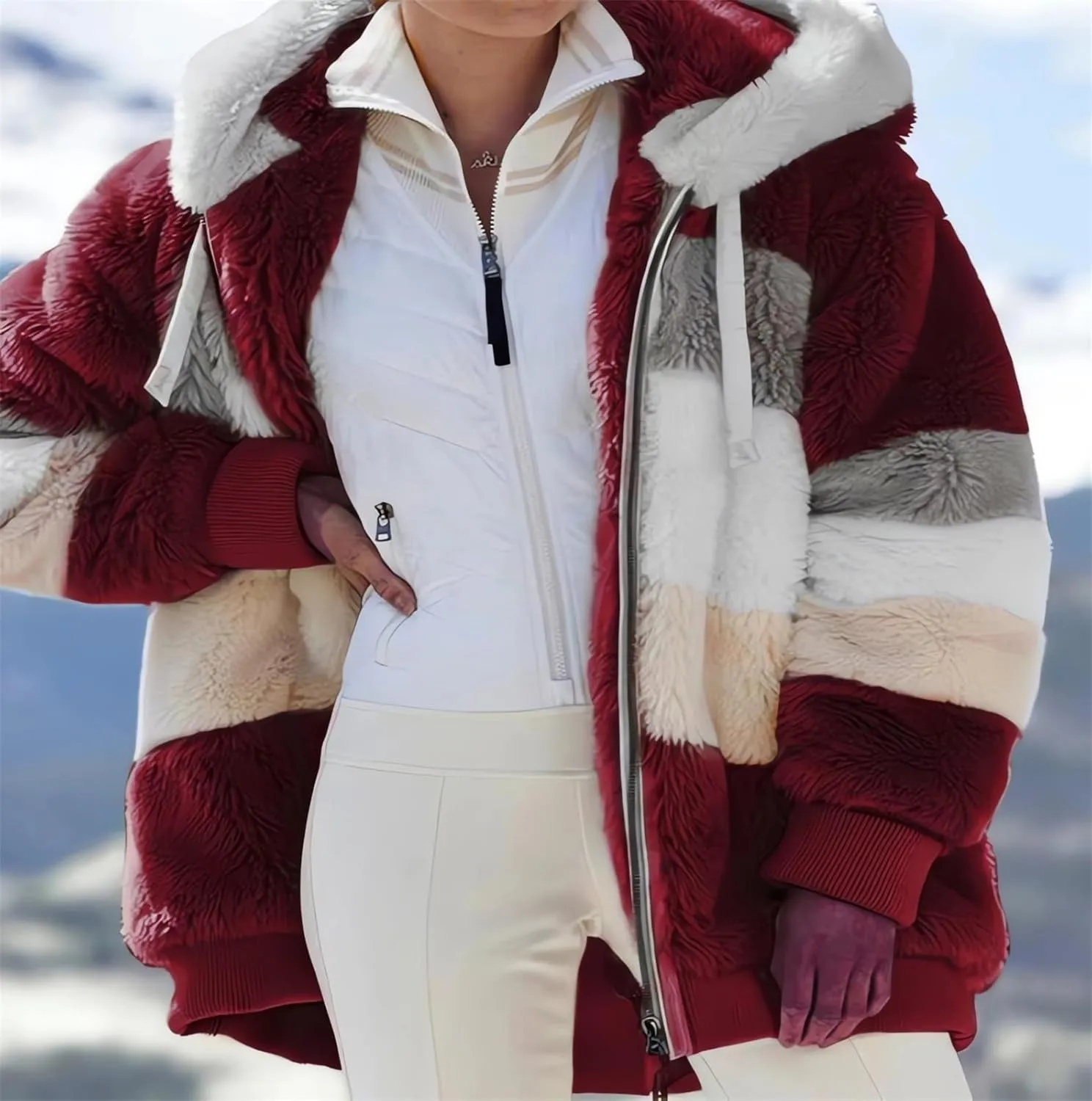 2024 New Rcontrasting Lamb Wool Padded Coat Sherpa Hoodie Lined Jacket Women Faux Fur Shearling Fleece Zip Shacket