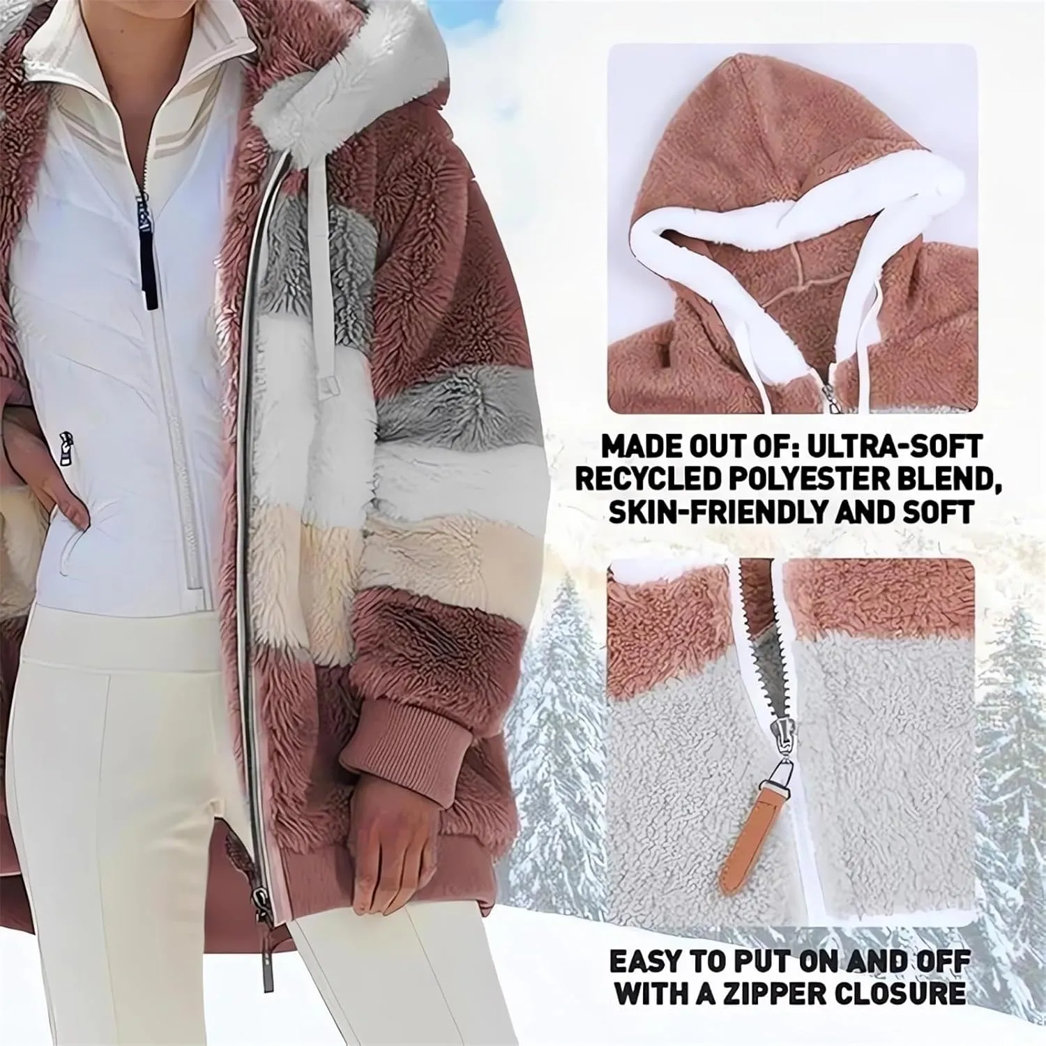2024 New Rcontrasting Lamb Wool Padded Coat Sherpa Hoodie Lined Jacket Women Faux Fur Shearling Fleece Zip Shacket