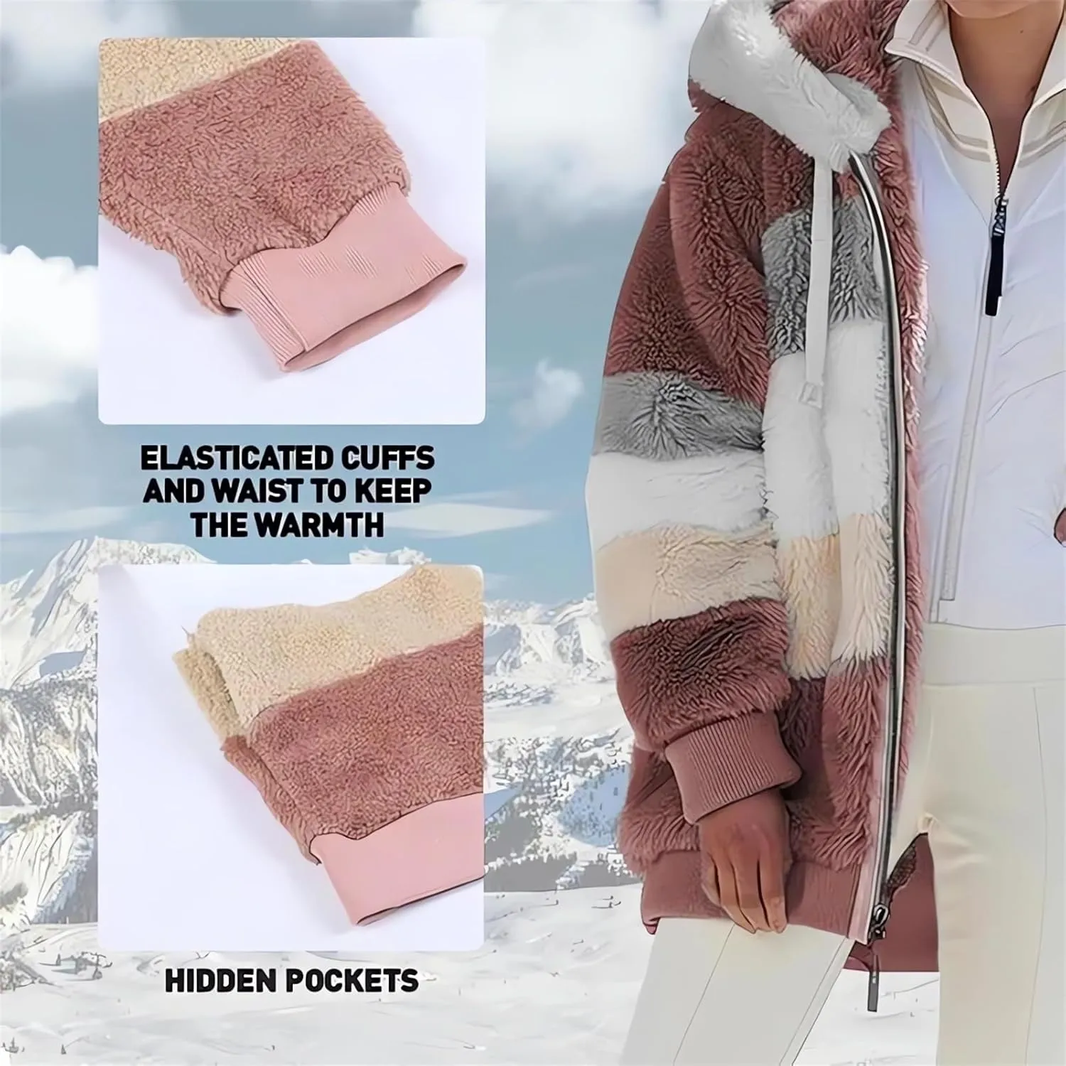 2024 New Rcontrasting Lamb Wool Padded Coat Sherpa Hoodie Lined Jacket Women Faux Fur Shearling Fleece Zip Shacket