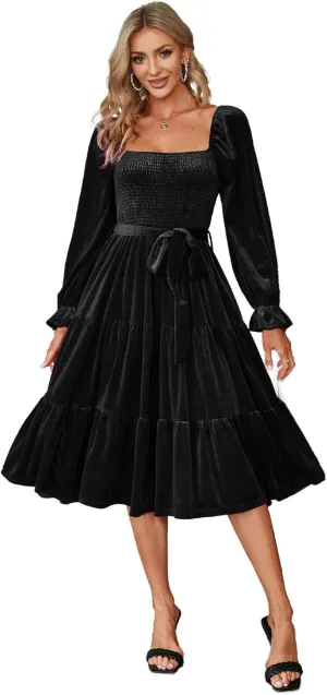 Amegoya Women's Boho Flowy Long Sleeve Square Neck Floral Midi Dress Smocked Spring Fall Wedding Guest Dresses