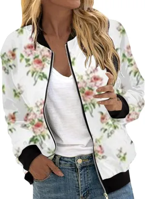 Bomber Jackets for Women 2024 Lightweight Casual Zip Up Stand Collar Coats Jacket Floral Graphic Outwear Fall Outfits
