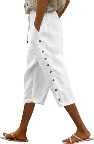 Capri Linen Pants Women Casual Summer Drawstring Elastic High Waist Linen Pant Straight Wide Leg Cropped