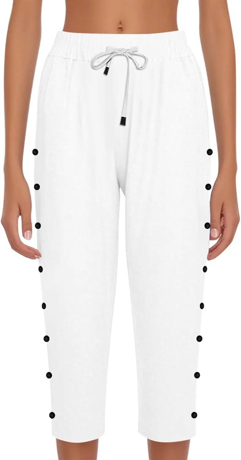 Capri Linen Pants Women Casual Summer Drawstring Elastic High Waist Linen Pant Straight Wide Leg Cropped