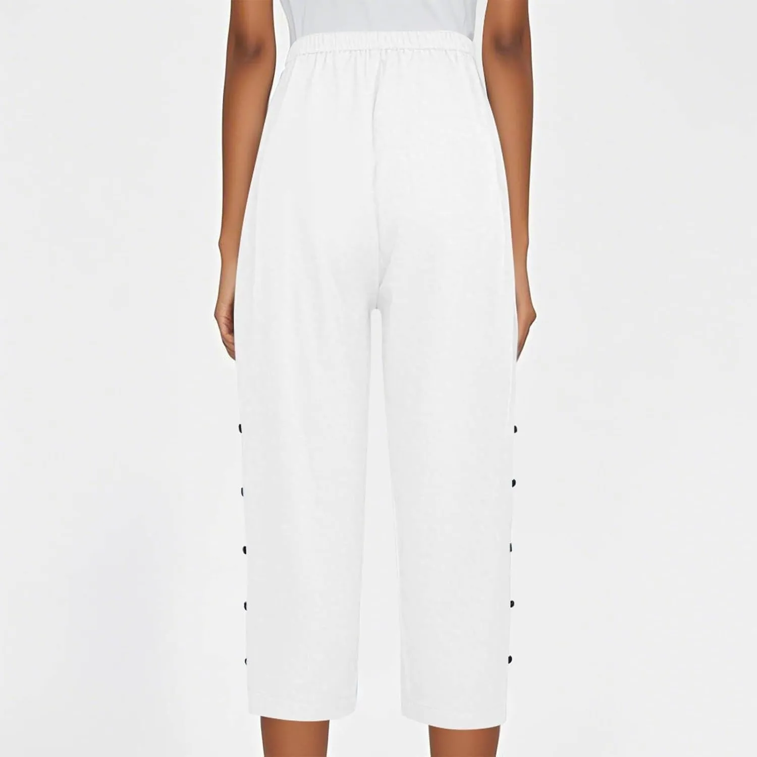 Capri Linen Pants Women Casual Summer Drawstring Elastic High Waist Linen Pant Straight Wide Leg Cropped