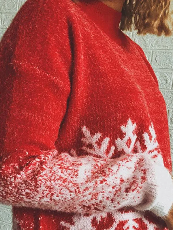 Charming Christmas Snowflake Sweater with Cozy Half Turtleneck for Women