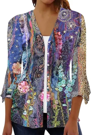 Cover Up for Women Kimonos Summer Swimsuit Ruffle Cardigan 2025 Floral 3/4 Length Sleeve Button Down Cover Up Boho Top