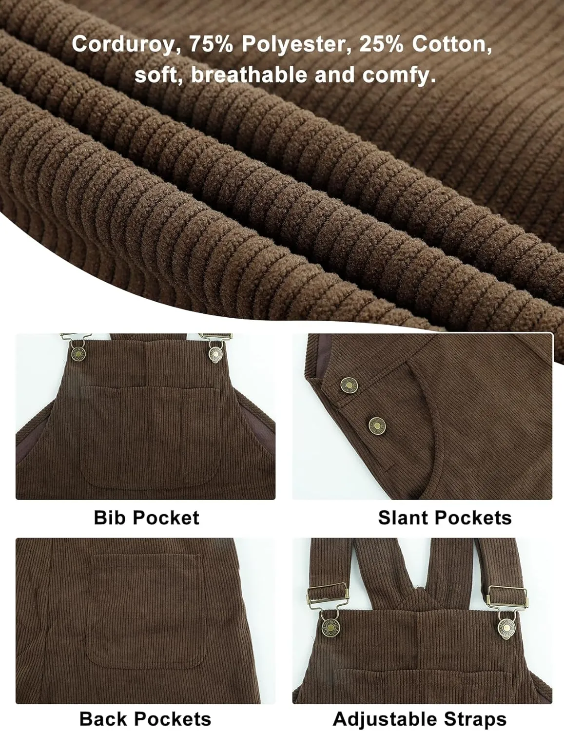 COZYPOIN Women's Corduroy Overalls Wide Leg Jumpsuits Loose Fit Adjustable Straps Bib Pants with Pockets