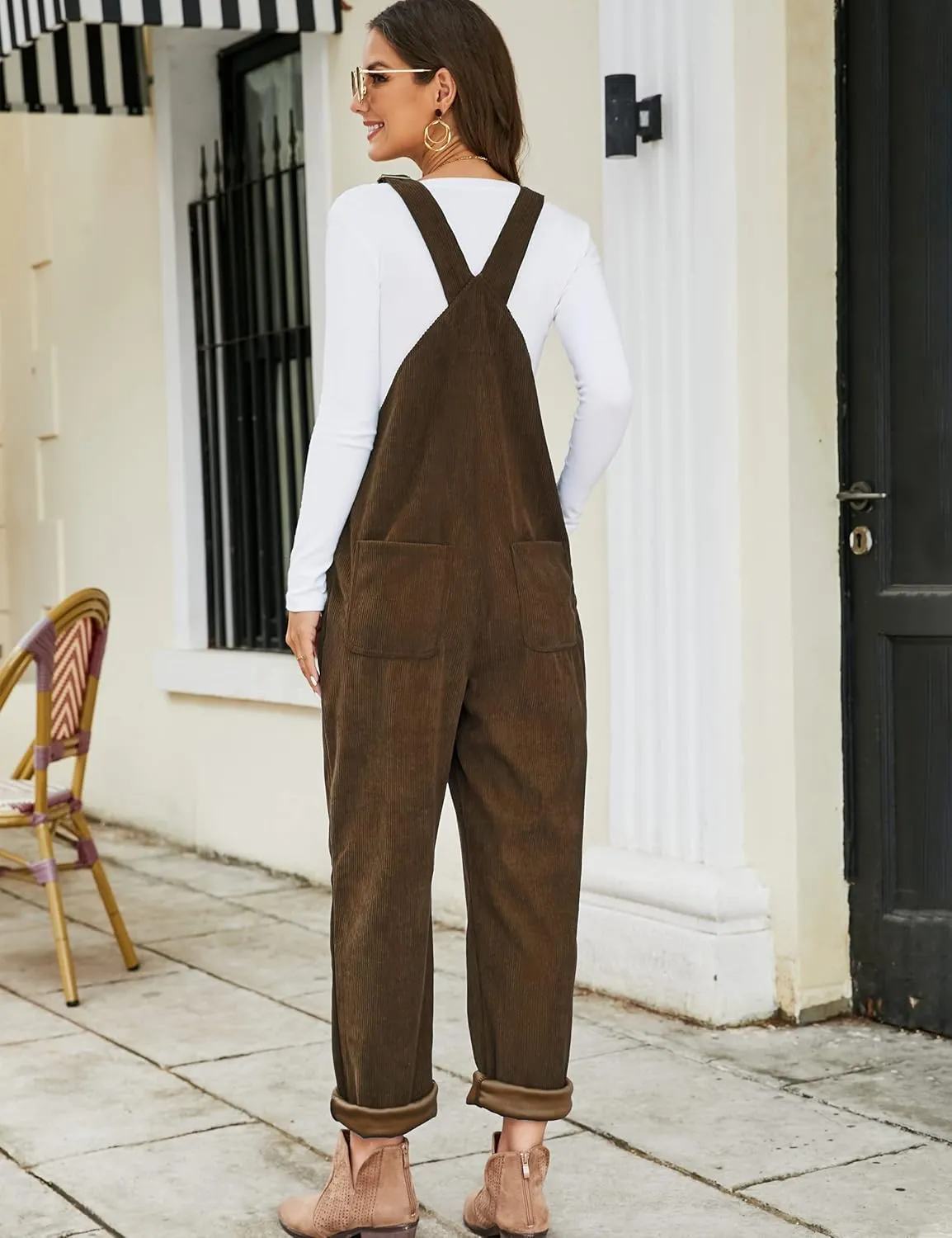 COZYPOIN Women's Corduroy Overalls Wide Leg Jumpsuits Loose Fit Adjustable Straps Bib Pants with Pockets
