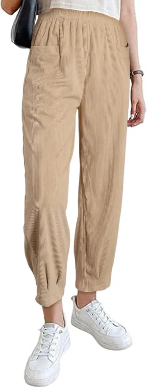 EVALESS Corduroy Pants for Women High Waisted Tapered Work Pull On Ankle Cropped Slacks Trousers with Pockets