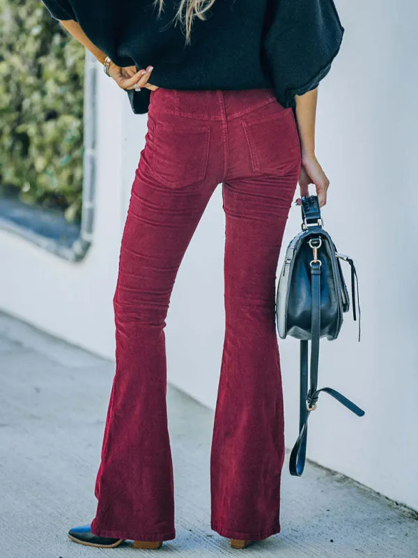 Flared Corduroy Elastic Waist Casual Pants - High Waist Slim - Solid Color