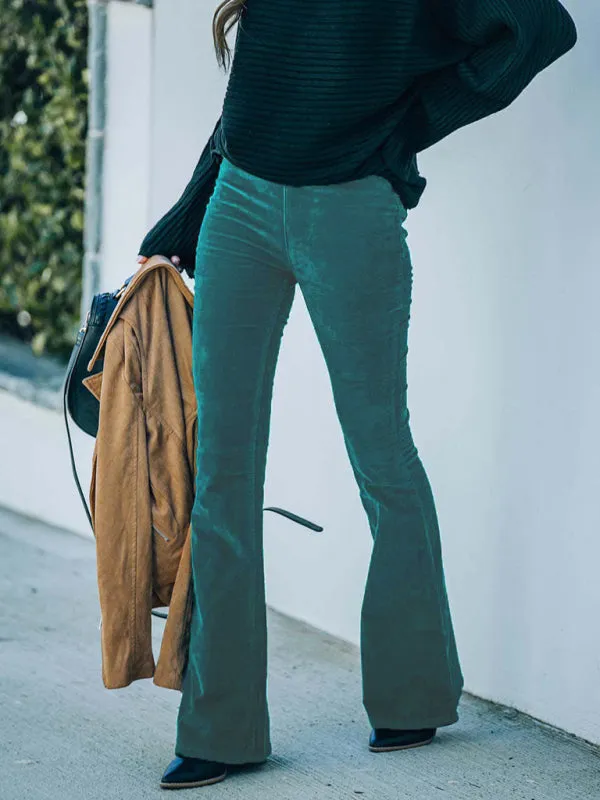 Flared Corduroy Elastic Waist Casual Pants - High Waist Slim - Solid Color