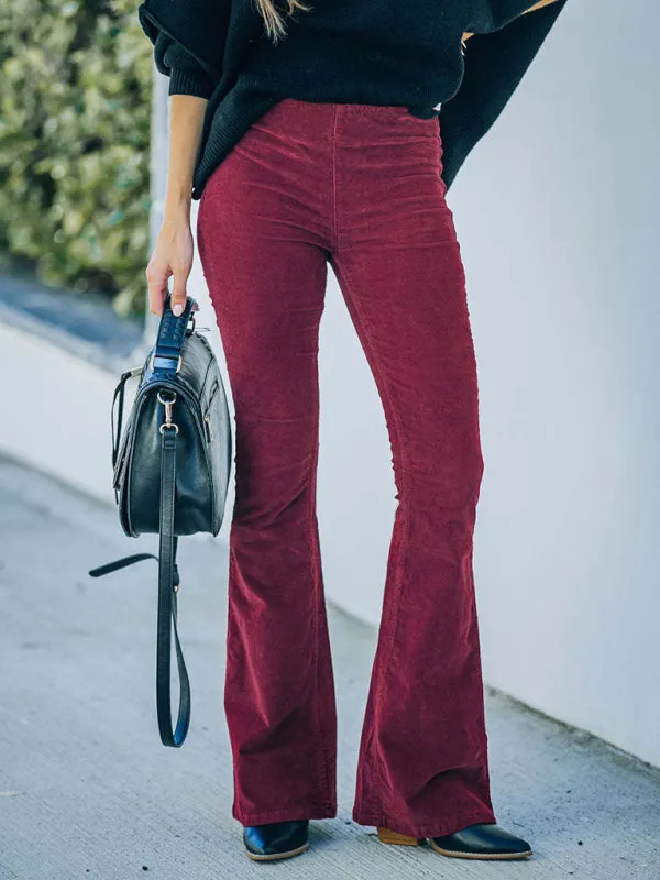Flared Corduroy Elastic Waist Casual Pants - High Waist Slim - Solid Color