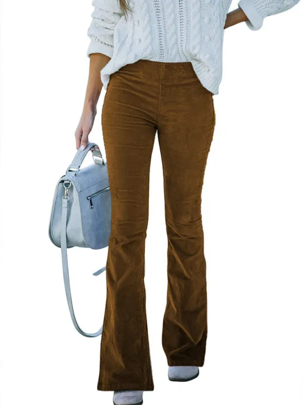 Flared Corduroy Elastic Waist Casual Pants - High Waist Slim - Solid Color