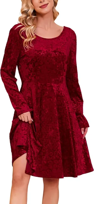 Kormei Womens Fall Knit Round Neck Casual Long Sleeve A Line Flowy Elegant Short Swing Party Dress