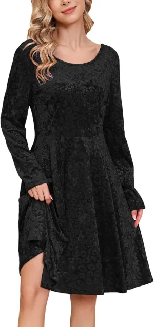 Kormei Womens Fall Knit Round Neck Casual Long Sleeve A Line Flowy Elegant Short Swing Party Dress