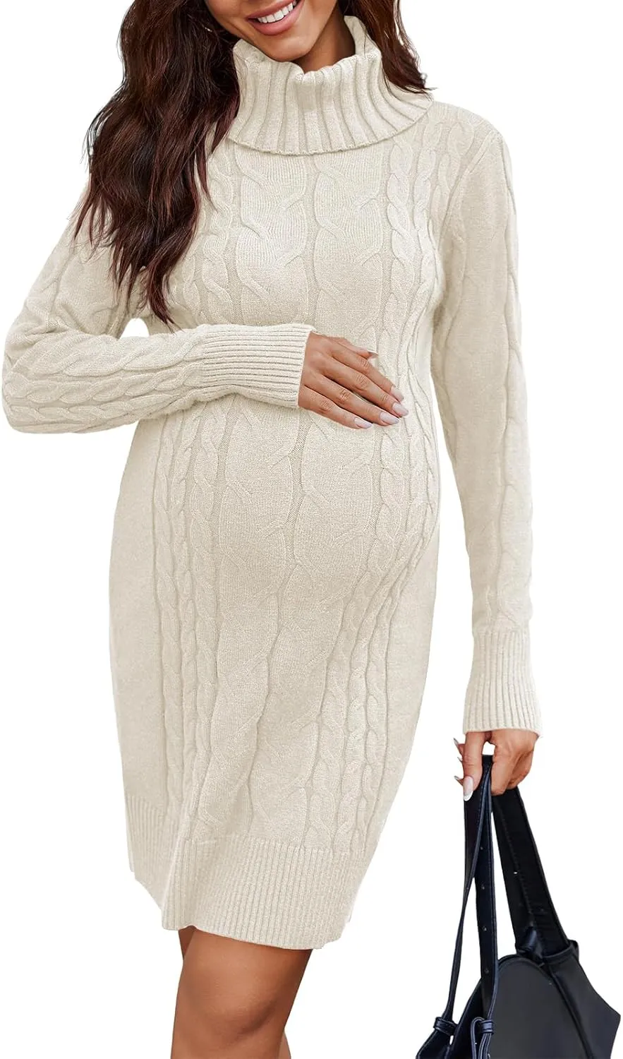 Langwyqu Womens Maternity Sweater Dress Cable Knit Sexy Bodycon Turtleneck Long Sleeve Mini Fall Sweaters Dresses