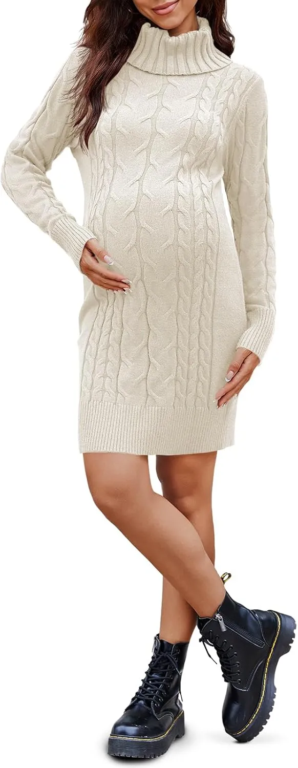 Langwyqu Womens Maternity Sweater Dress Cable Knit Sexy Bodycon Turtleneck Long Sleeve Mini Fall Sweaters Dresses