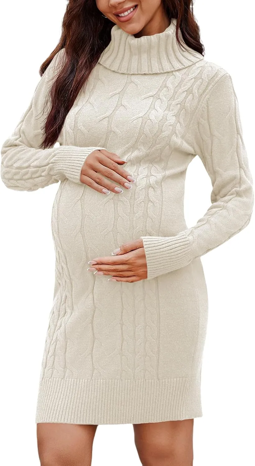 Langwyqu Womens Maternity Sweater Dress Cable Knit Sexy Bodycon Turtleneck Long Sleeve Mini Fall Sweaters Dresses