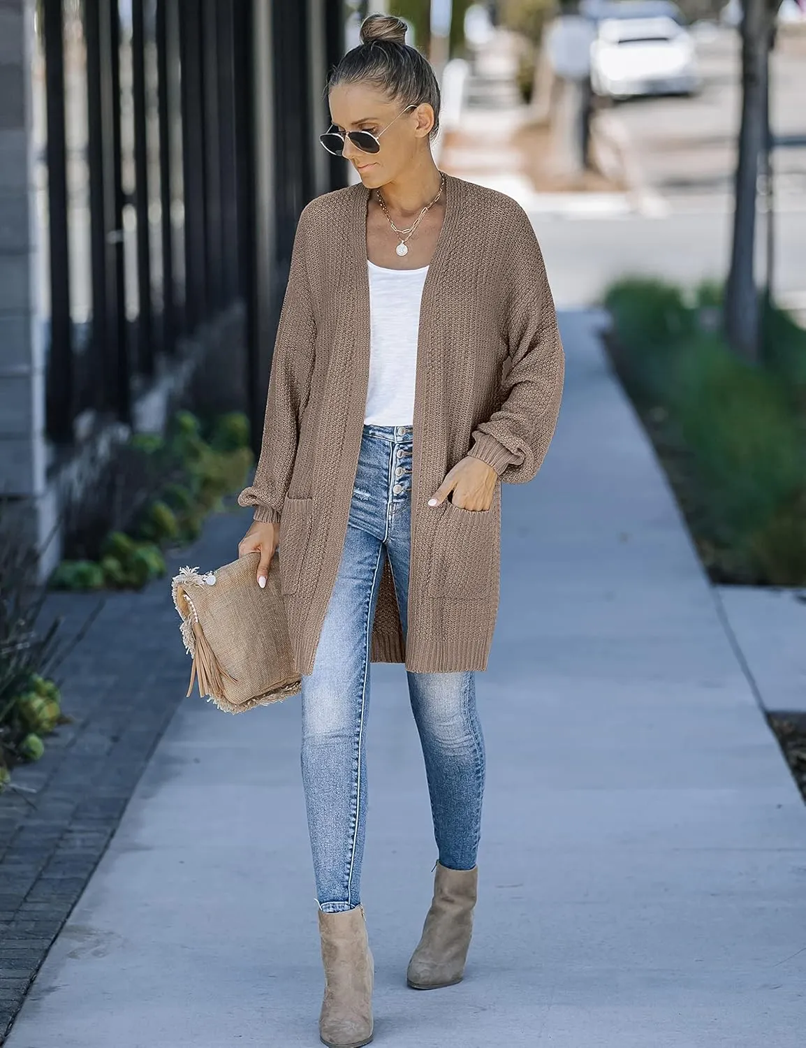 MEROKEETY Women's 2024 Fall Open Front Chunky Knit Sweater Oversized Lantern Sleeve Cardigan Outwear