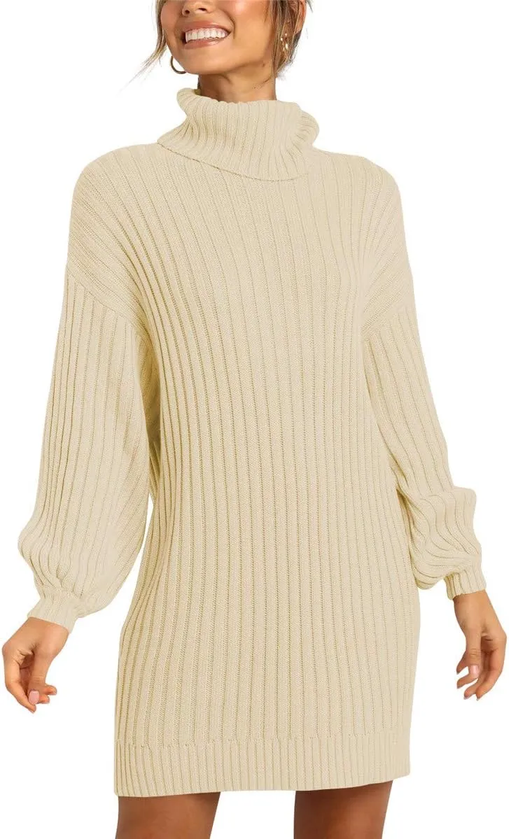 Prinbara Women Turtleneck Long Lantern Sleeve Casual Loose Oversized Sweater Dress Soft Winter Pullover Dresses