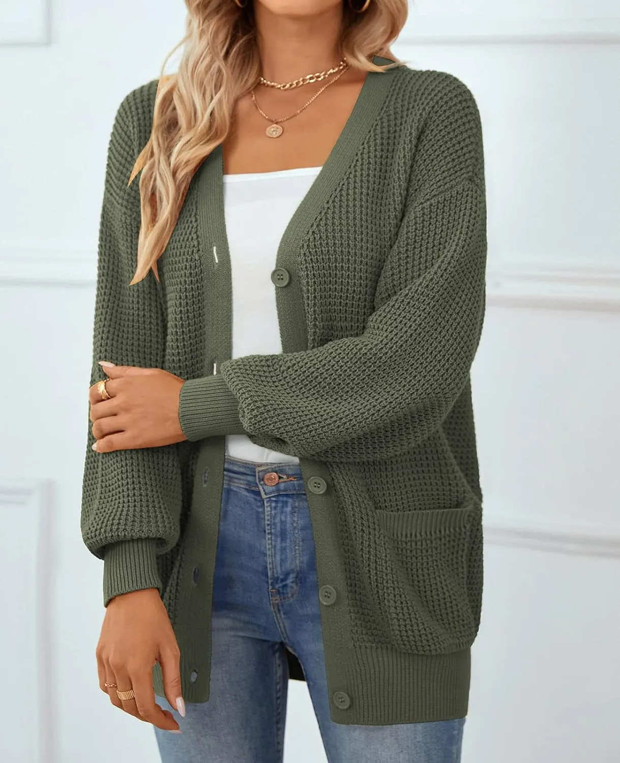 QUALFORT Women's Cardigan Sweater 100% Cotton Button-Down Long Sleeve Oversized Knit Cardigans with Pockets