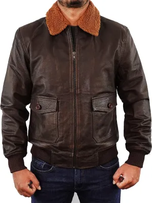 TheOutfit-Aviator Flight Jacket Men's|Genuine Leather G-1 Fur Collar Pilot Bomber Jacket For Mens