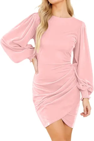 Valiamcep Women's Long Sleeve Velvet Dress Round Neck Puff Sleeve Cocktail Ruched Wrap Bodycon Mini Party Dress