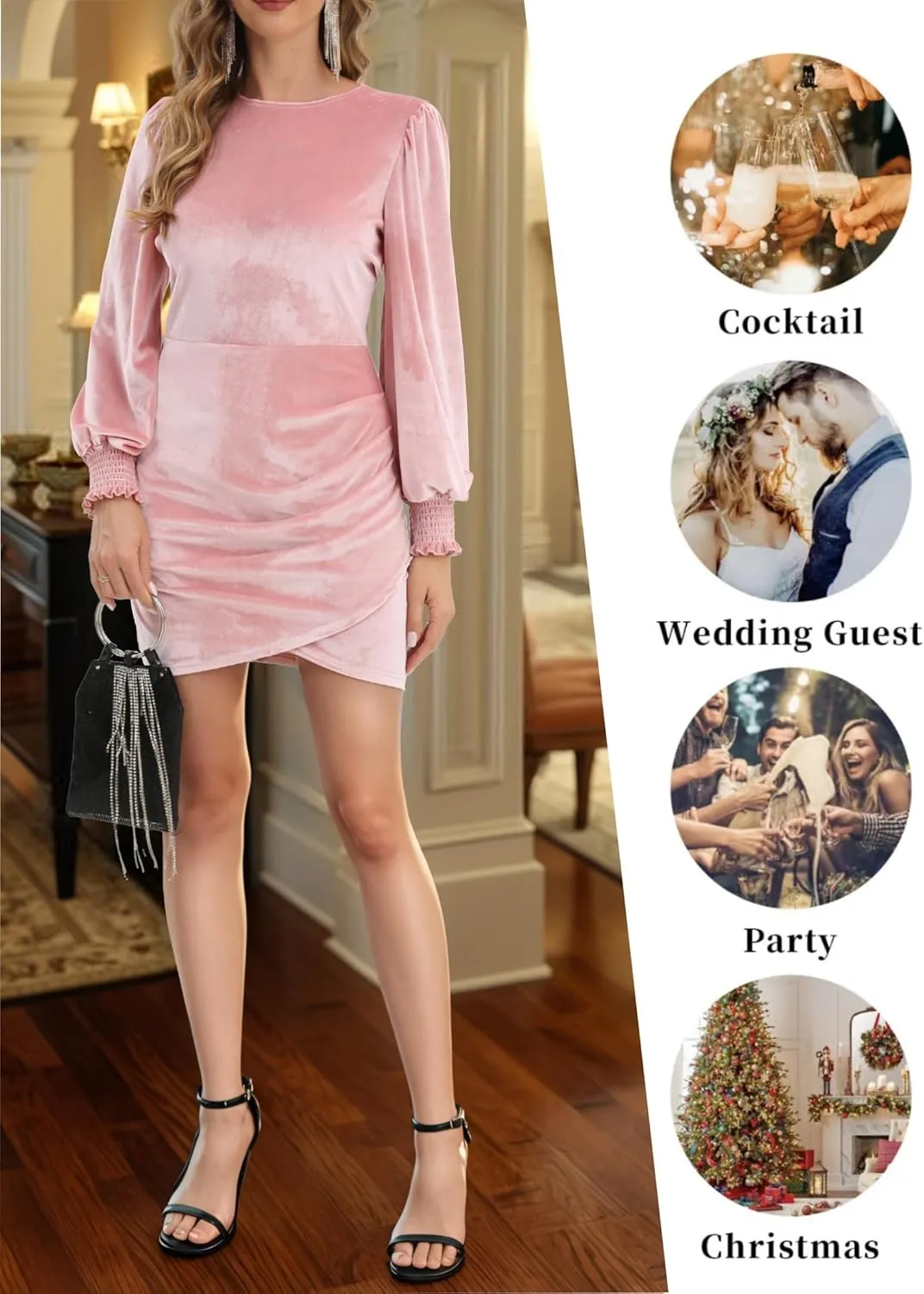 Valiamcep Women's Long Sleeve Velvet Dress Round Neck Puff Sleeve Cocktail Ruched Wrap Bodycon Mini Party Dress