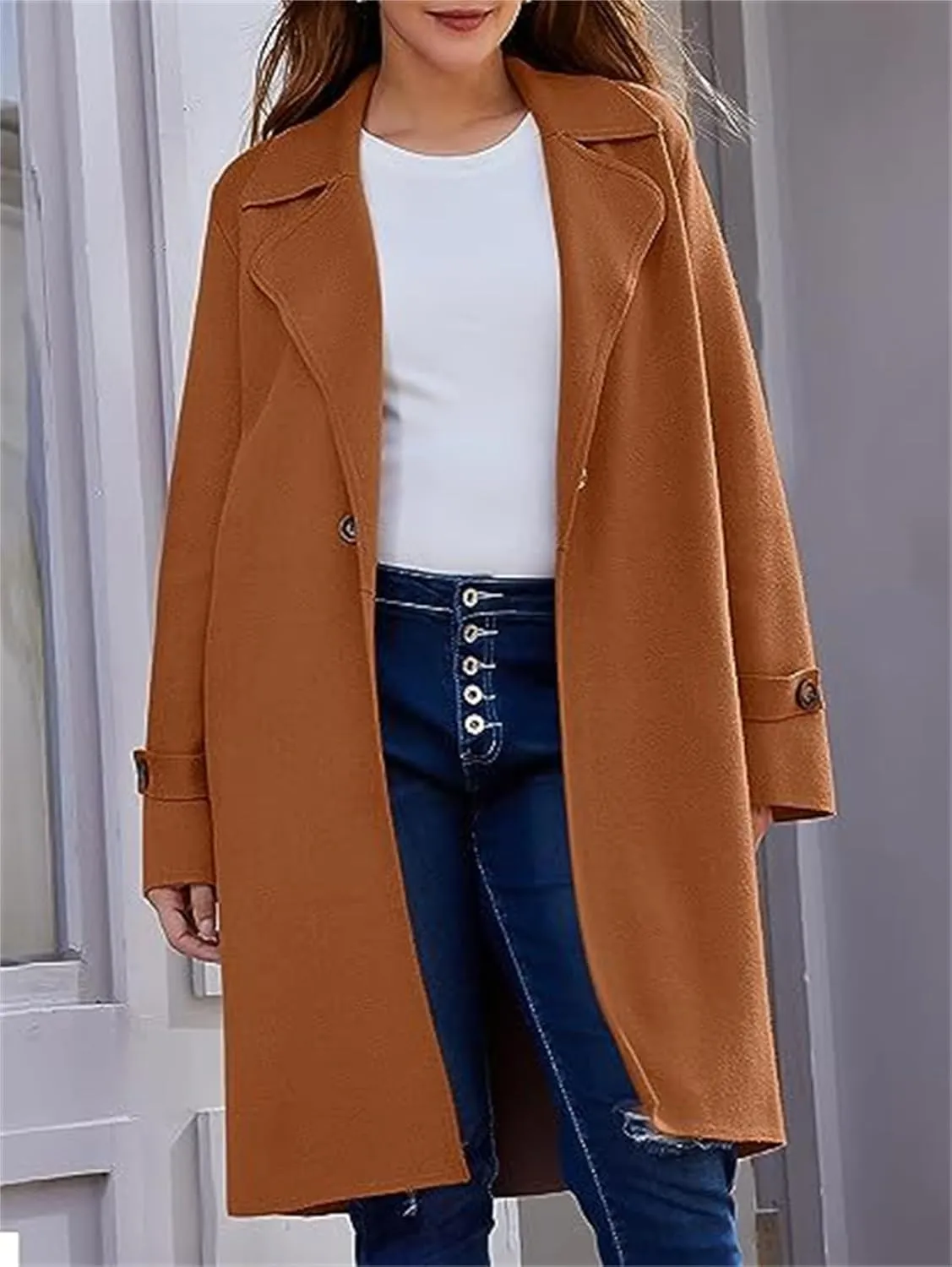 Women's Basic Essential Single Breasted Mid-Long Wool Blend Notched Lapel Pea Coat with Pockets