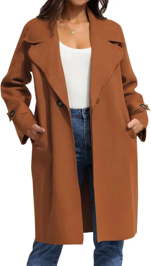 Women's Basic Essential Single Breasted Mid-Long Wool Blend Notched Lapel Pea Coat with Pockets
