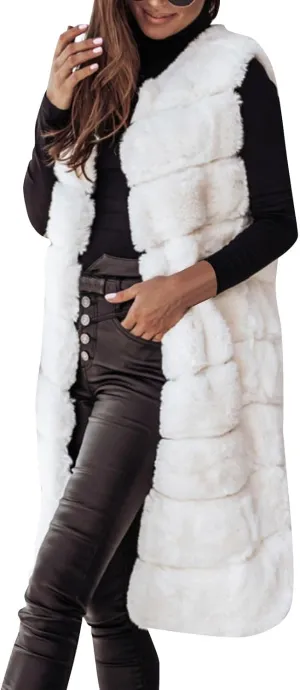 Womens Faux Fur Vest Sleeveless Long Fuzzy Fleece Jacket Crewneck Winter Warm Oversized Cardigan Coats