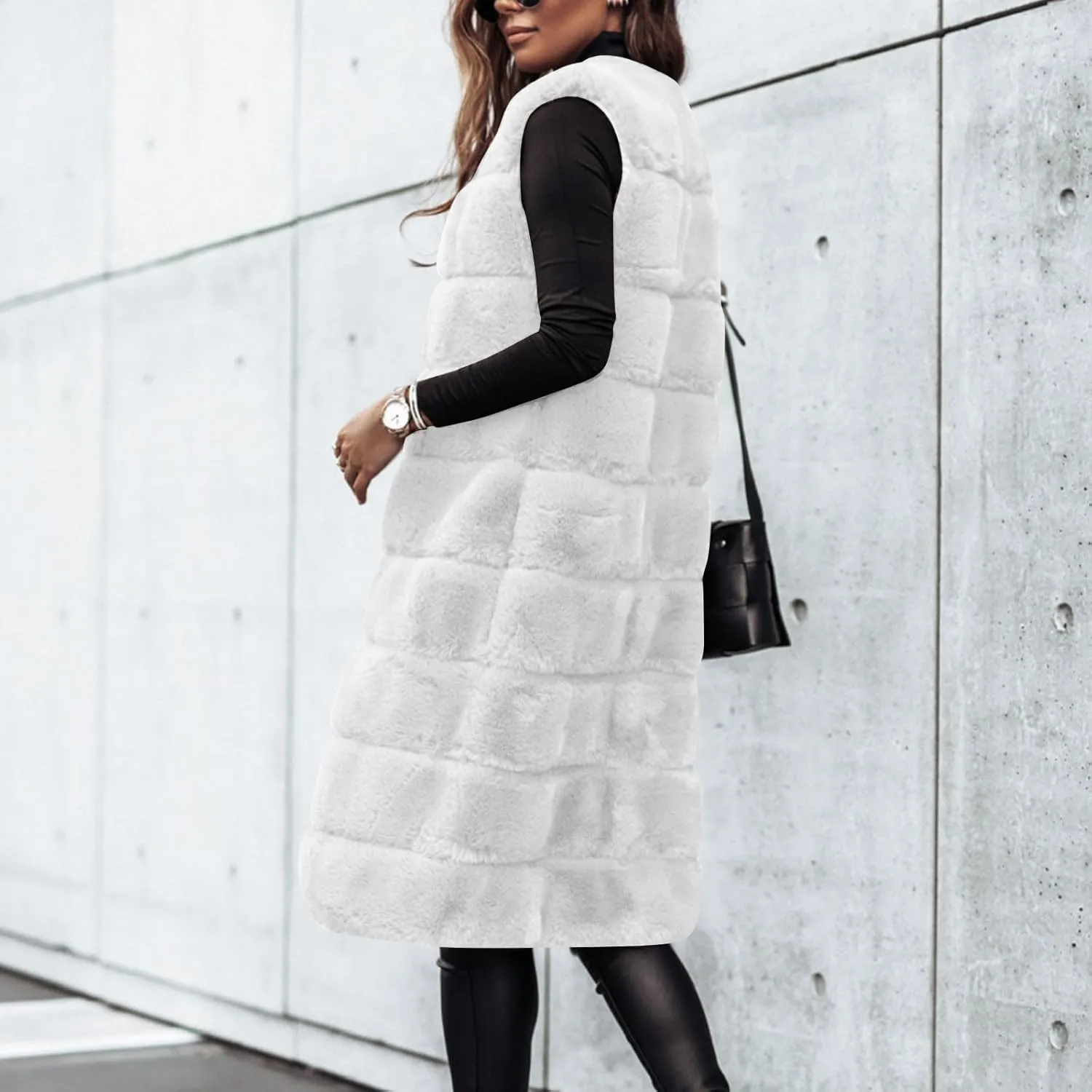 Womens Faux Fur Vest Sleeveless Long Fuzzy Fleece Jacket Crewneck Winter Warm Oversized Cardigan Coats
