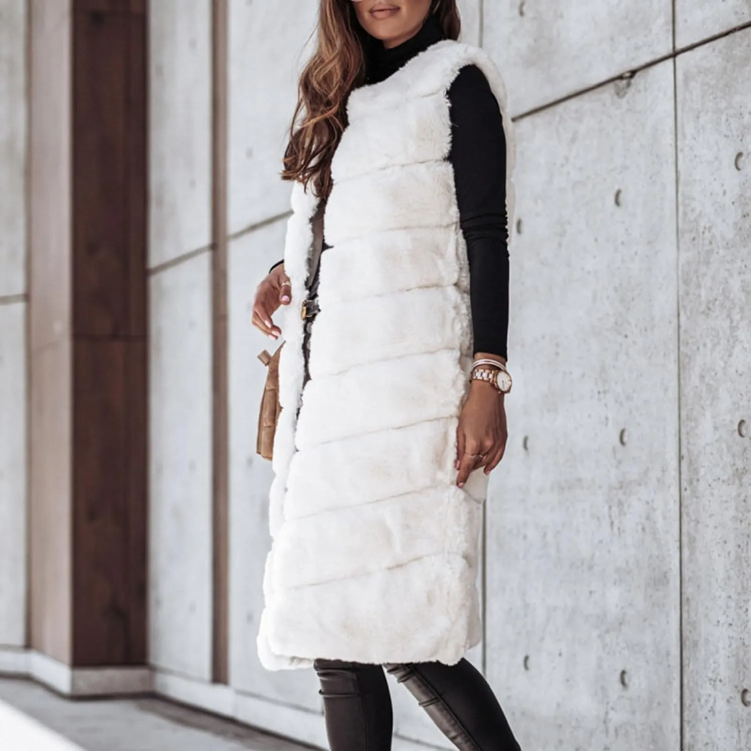 Womens Faux Fur Vest Sleeveless Long Fuzzy Fleece Jacket Crewneck Winter Warm Oversized Cardigan Coats