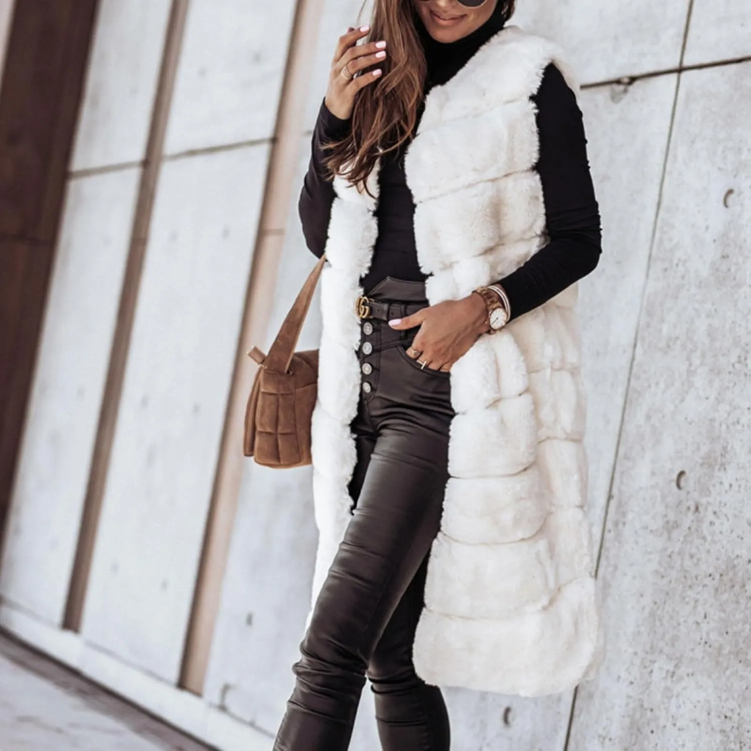 Womens Faux Fur Vest Sleeveless Long Fuzzy Fleece Jacket Crewneck Winter Warm Oversized Cardigan Coats