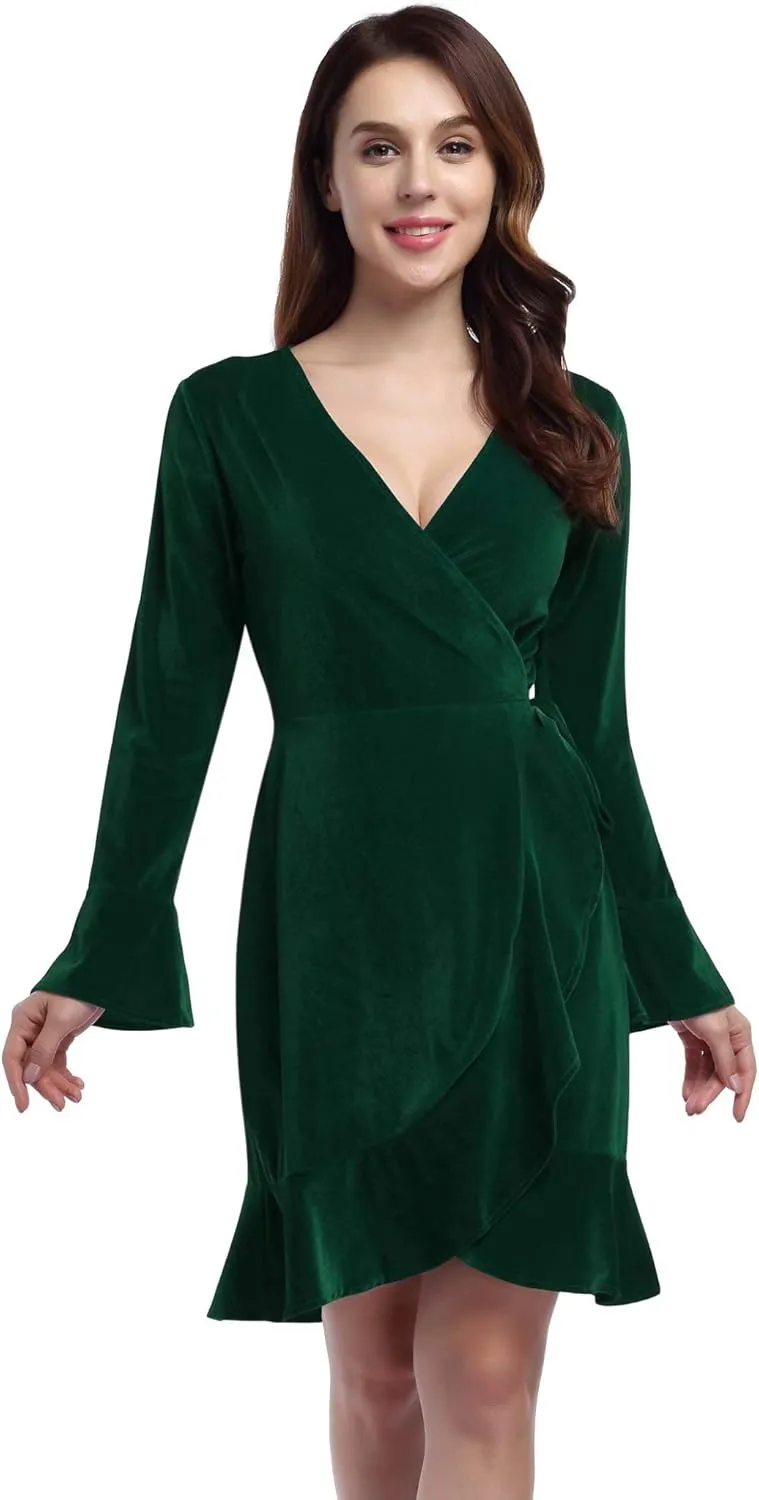 Women's V Neck Velvet Formal Elegant Evening Party Mini Dress