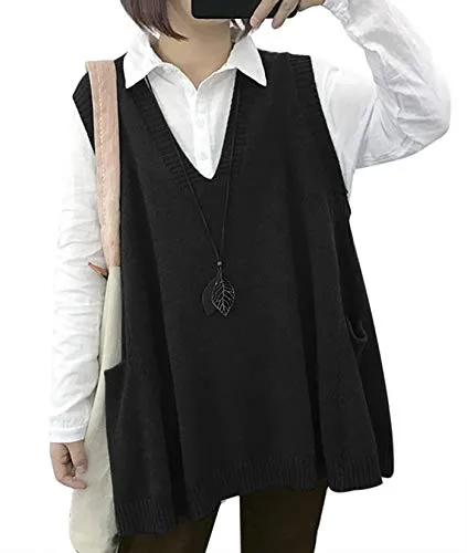 YESNO Women Loose Swing Chunky Cotton Sweater Vests Oversized Knit Pullovers Tops with Cute Drop Pockets WM9 (WM9 Black, L)