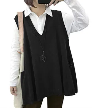 YESNO Women Loose Swing Chunky Cotton Sweater Vests Oversized Knit Pullovers Tops with Cute Drop Pockets WM9 (WM9 Black, L)