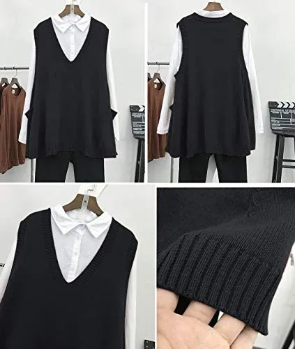 YESNO Women Loose Swing Chunky Cotton Sweater Vests Oversized Knit Pullovers Tops with Cute Drop Pockets WM9 (WM9 Black, L)