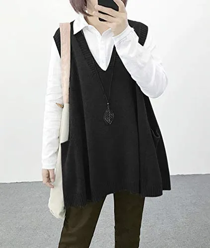 YESNO Women Loose Swing Chunky Cotton Sweater Vests Oversized Knit Pullovers Tops with Cute Drop Pockets WM9 (WM9 Black, L)