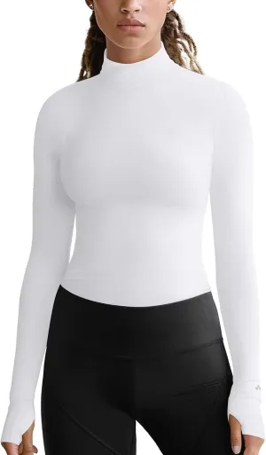 Zengjo Mock Neck Long Sleeve Workout Top, Thumb Hole Athletic Shirts for Women Running Yoga Lightweight Thermal Baselayer