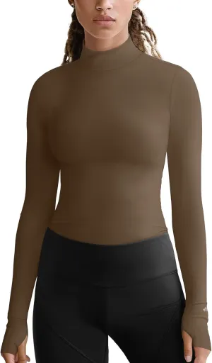 Zengjo Mock Neck Long Sleeve Workout Top, Thumb Hole Athletic Shirts for Women Running Yoga Lightweight Thermal Baselayer