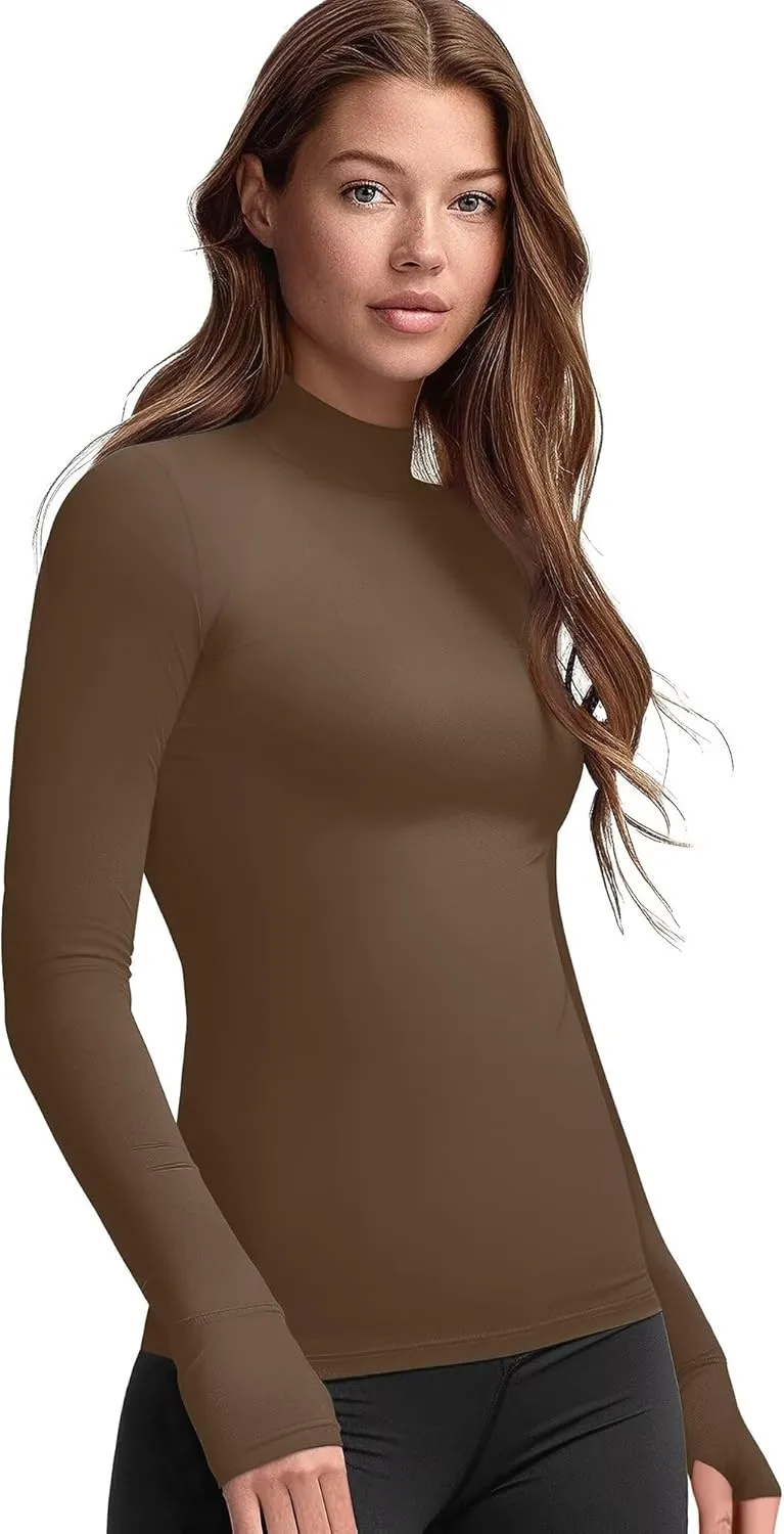 Zengjo Mock Neck Long Sleeve Workout Top, Thumb Hole Athletic Shirts for Women Running Yoga Lightweight Thermal Baselayer