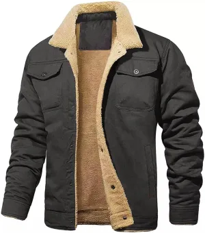 ZWRXW Men's Winter Jacket Fleece Lined Thick Thermal Coat Lapel Work Cargo Trucker Jackets Cotton Warm Outwear with Pockets